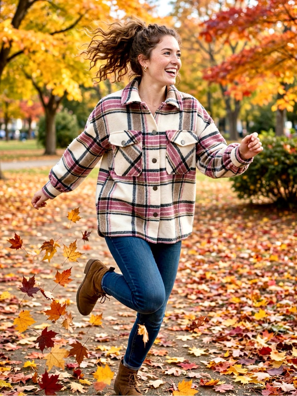 ONLY Andrea Oversized Plaid Shacket in Cream, Pink & Brown - Sz S
